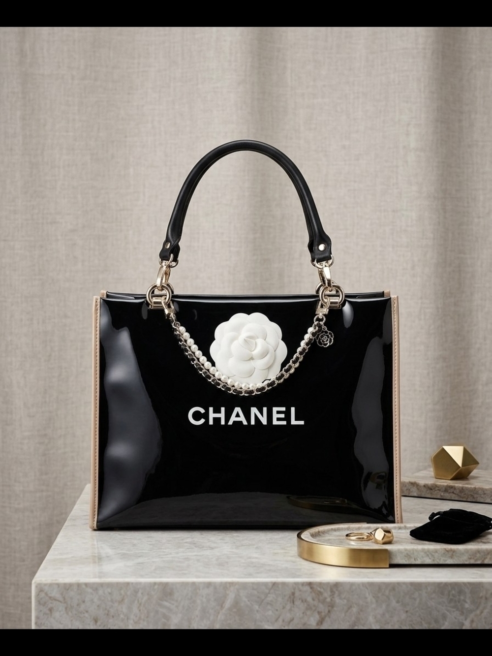 CHANEL Black Patent Tote with White Camellia and Beige Trim